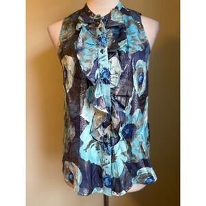 J. Crew Sleeveless Ruffle Floral Metallic Silk Blend Blouse XXS boho fairy Y2K‎
